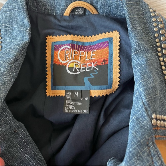 Cripple Creek Western Denim & Leather Studded Rhinestone Jacket - Size M - Picture 6 of 12